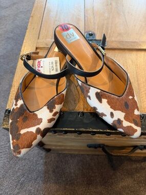 DV by Dolce Vita Cow Print Pointed Slingback Flats in Brown, White & Black